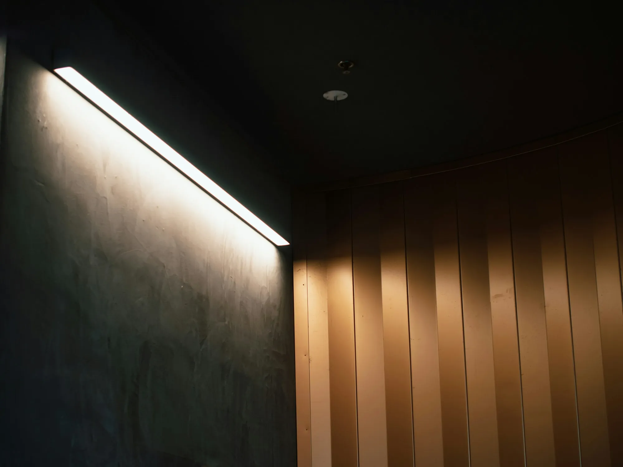 Warm LED strip lighting along a dark wall panel